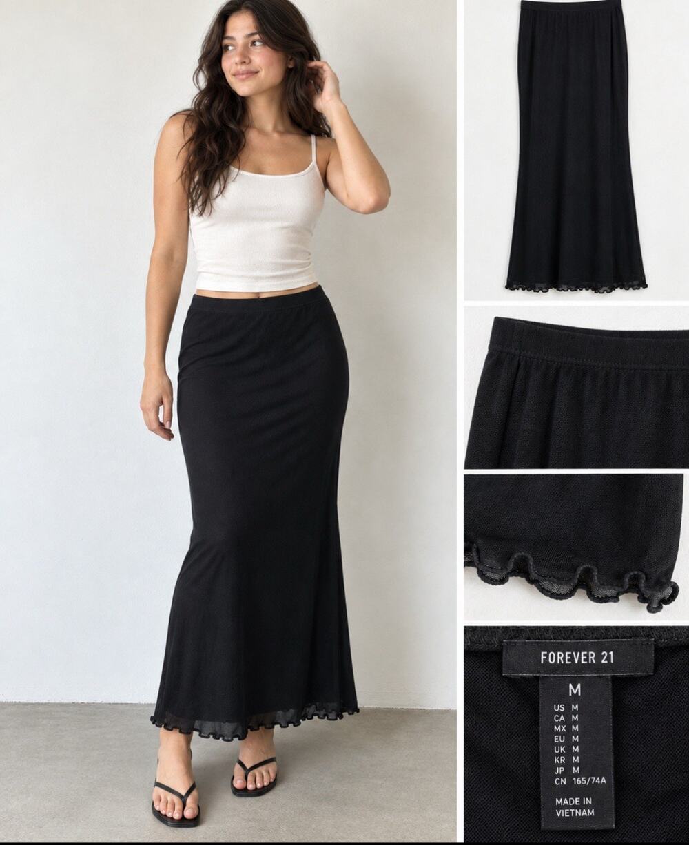 Y2K 2000s Forever 21 Women's Mesh Fishtail Maxi Skirt Size Medium Black Sheer